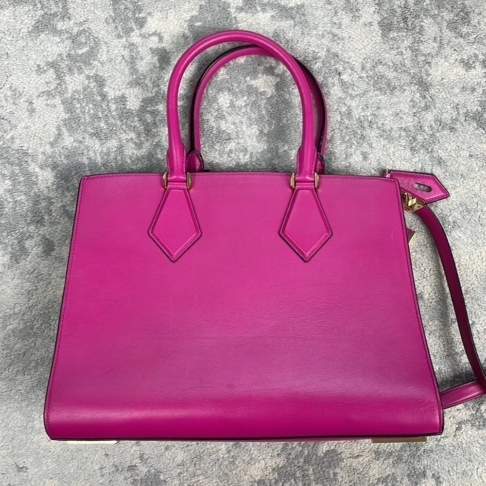 Michael Kors Collection Casey Large Leather Satchel Purse Padlock Bright Pink
